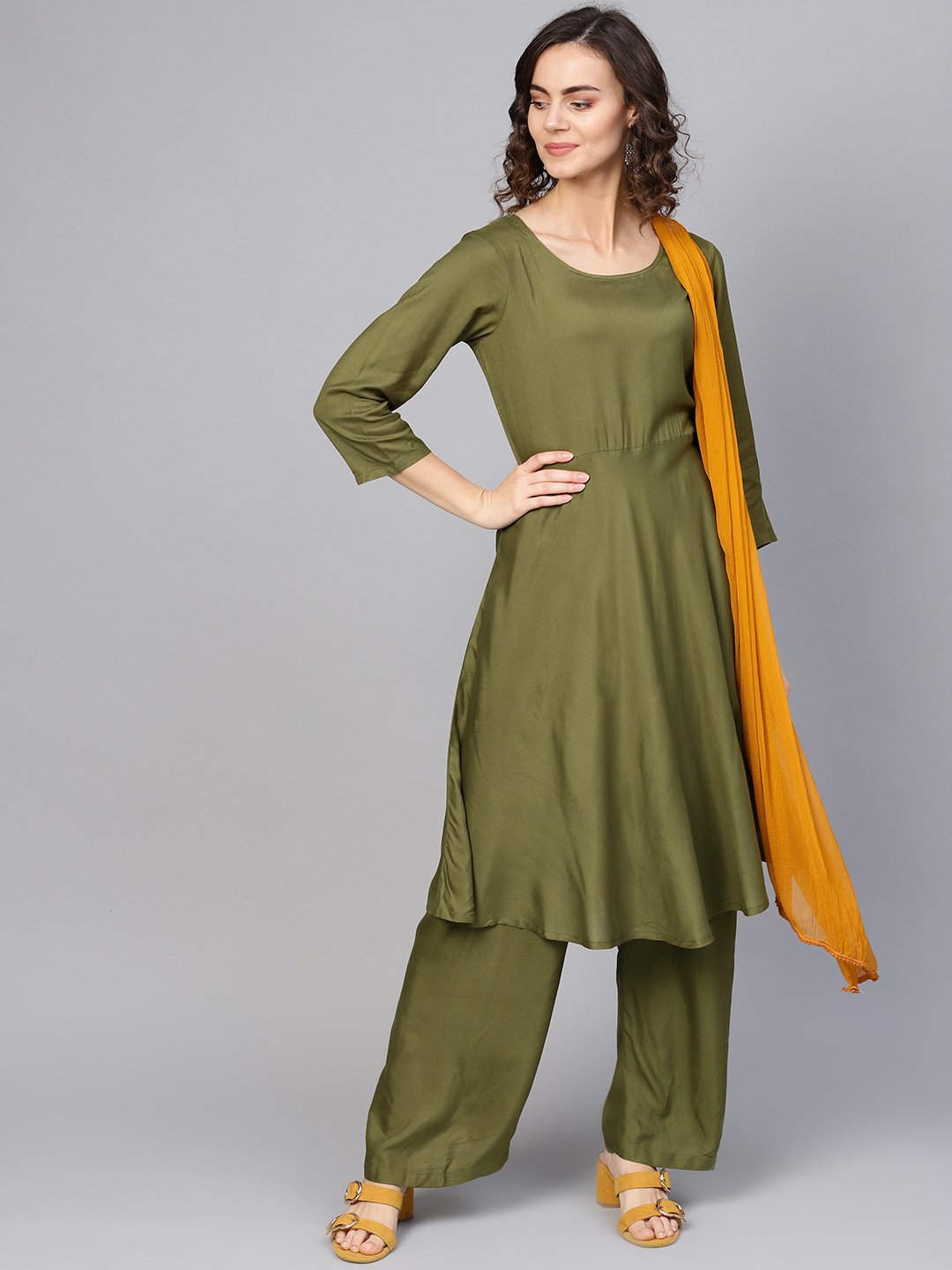 Jompers Women Olive Green Solid Kurta with Palazzos & Dupatta | Swadesiicart