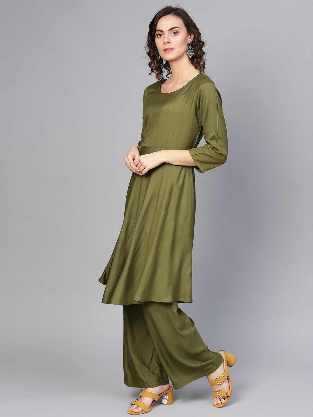 Jompers Women Olive Green Solid Kurta with Palazzos & Dupatta | Swadesiicart