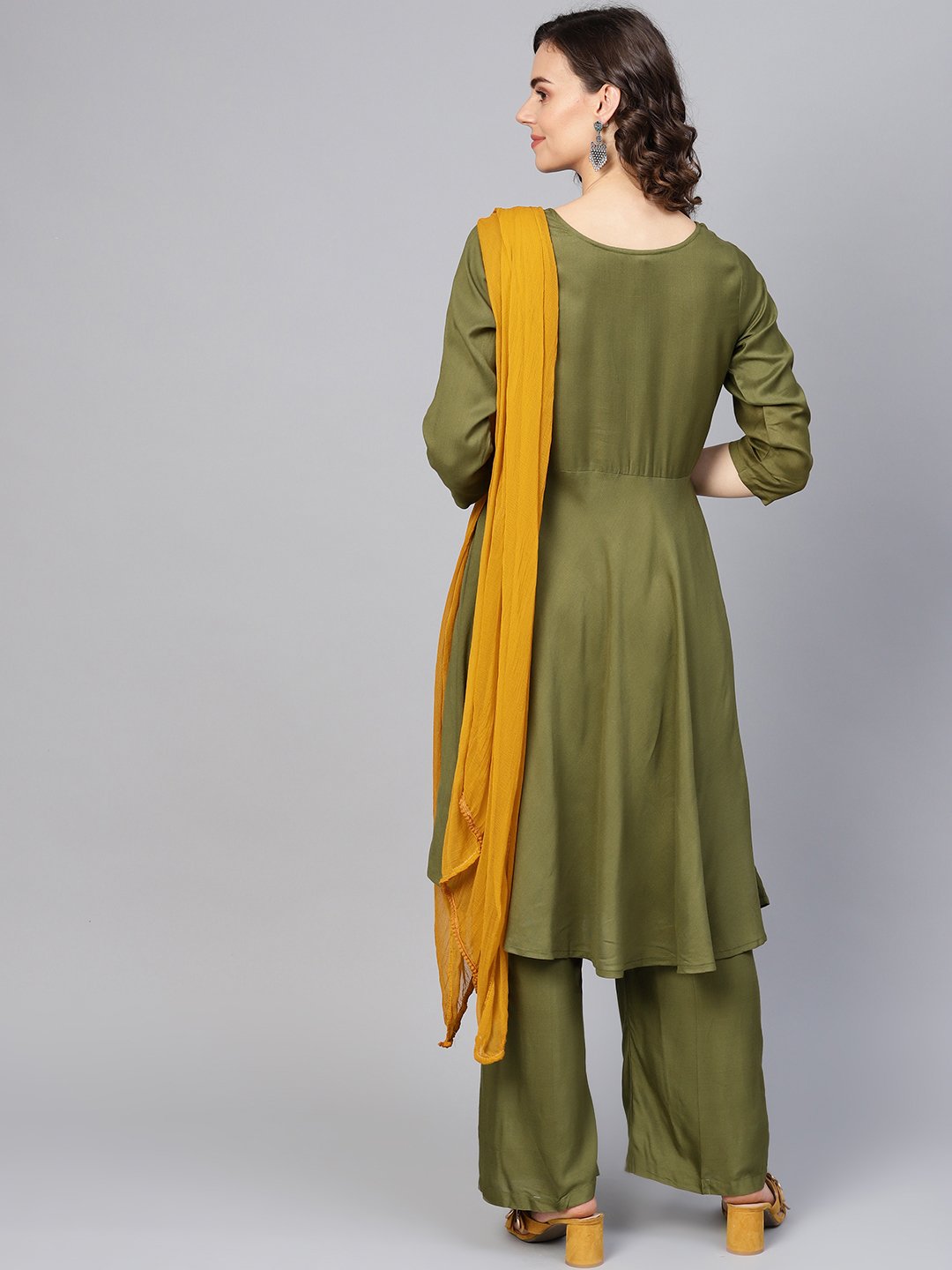 Jompers Women Olive Green Solid Kurta with Palazzos & Dupatta | Swadesiicart