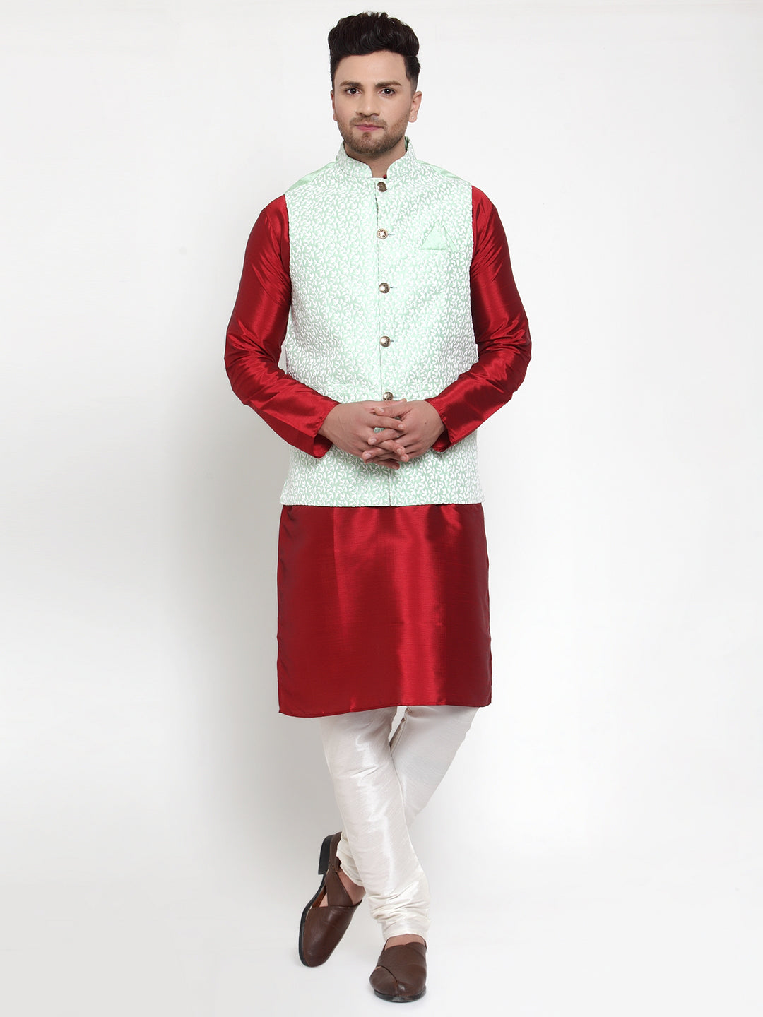 Jompers Men's Solid Dupion Kurta Pajama with Embroidered Nehru Jacket (Light-Green) | Swadesiicart