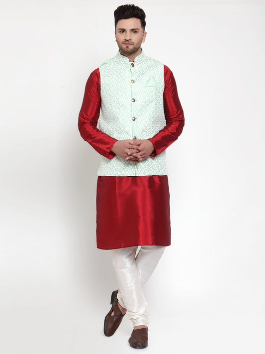 Jompers Men's Solid Dupion Kurta Pajama with Embroidered Nehru Jacket (Light-Green) | Swadesiicart