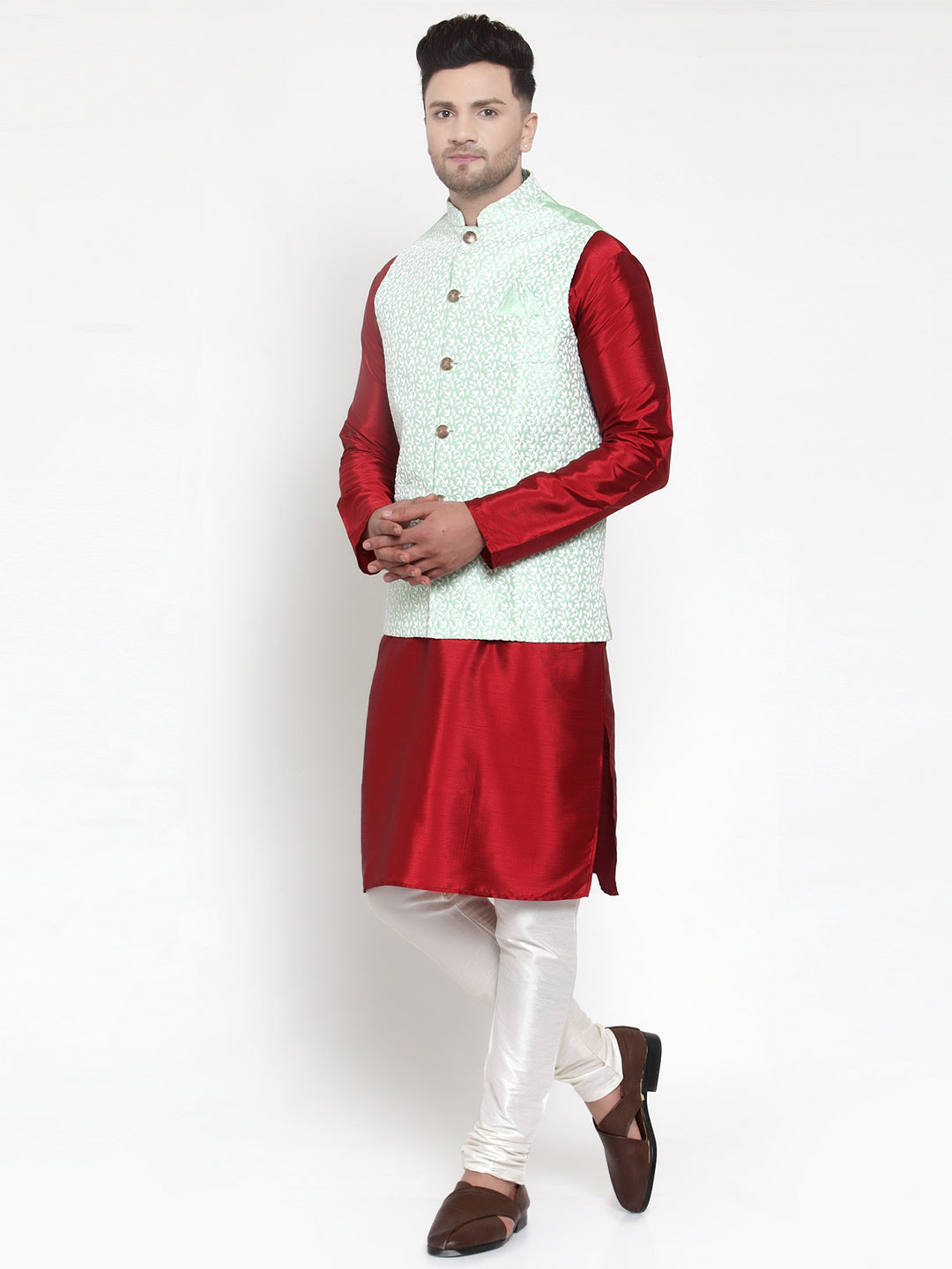 Jompers Men's Solid Dupion Kurta Pajama with Embroidered Nehru Jacket (Light-Green) | Swadesiicart