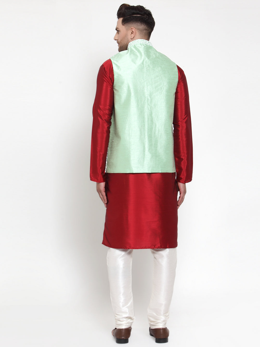 Jompers Men's Solid Dupion Kurta Pajama with Embroidered Nehru Jacket (Light-Green) | Swadesiicart