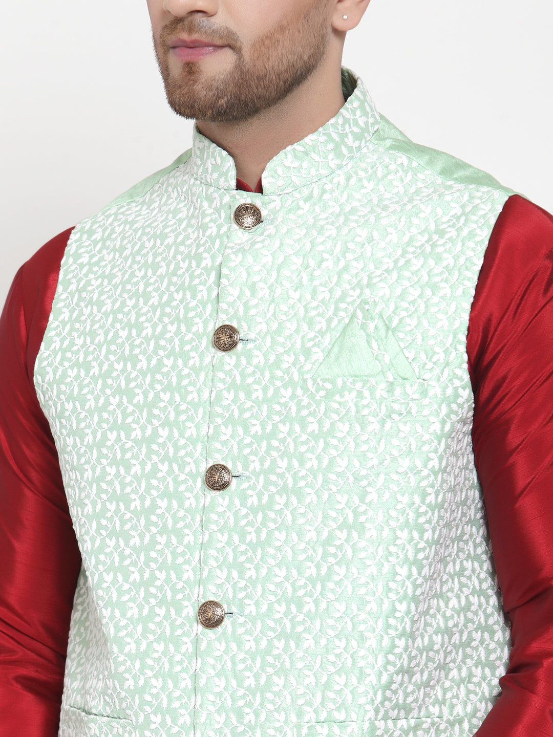 Jompers Men's Solid Dupion Kurta Pajama with Embroidered Nehru Jacket (Light-Green) | Swadesiicart