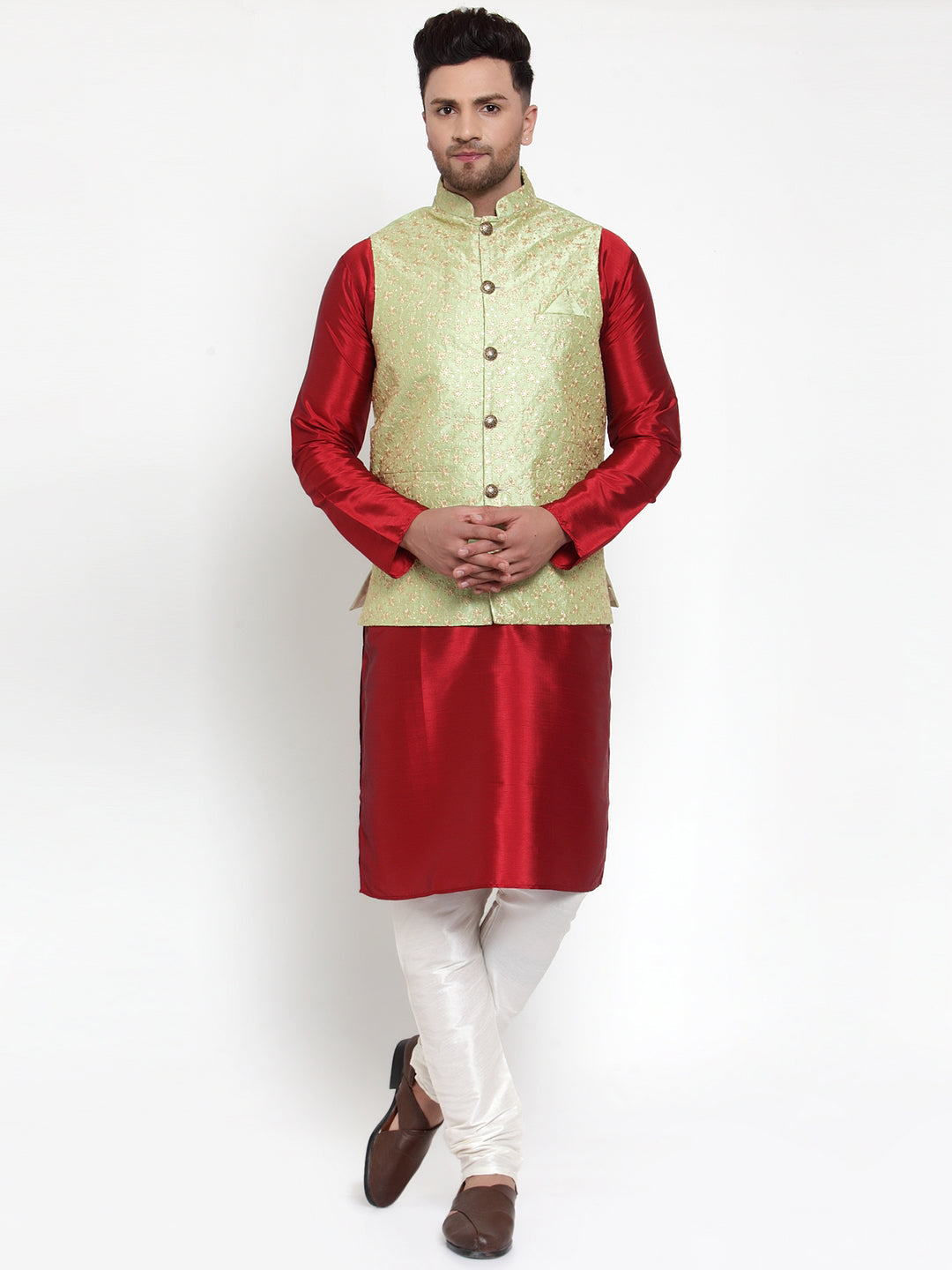 Jompers Men's Solid Dupion Kurta Pajama with Embroidered Nehru Jacket (Green) | Swadesiicart