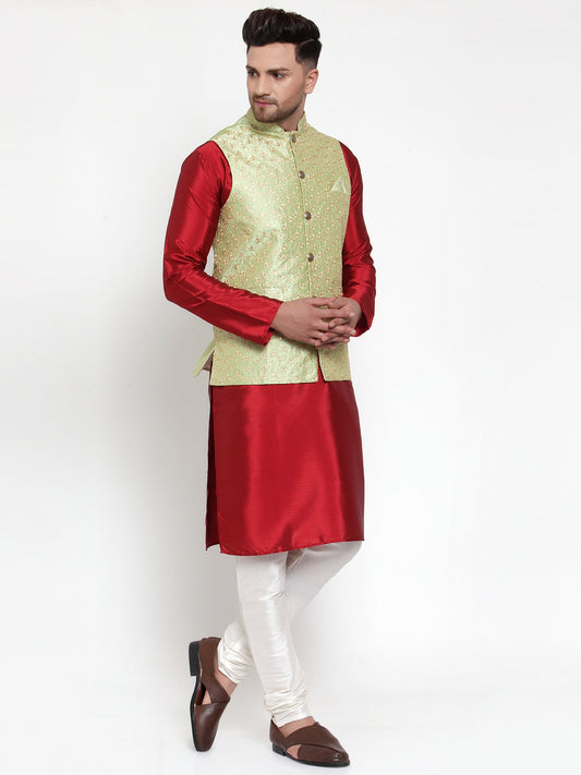 Jompers Men's Solid Dupion Kurta Pajama with Embroidered Nehru Jacket (Green) | Swadesiicart