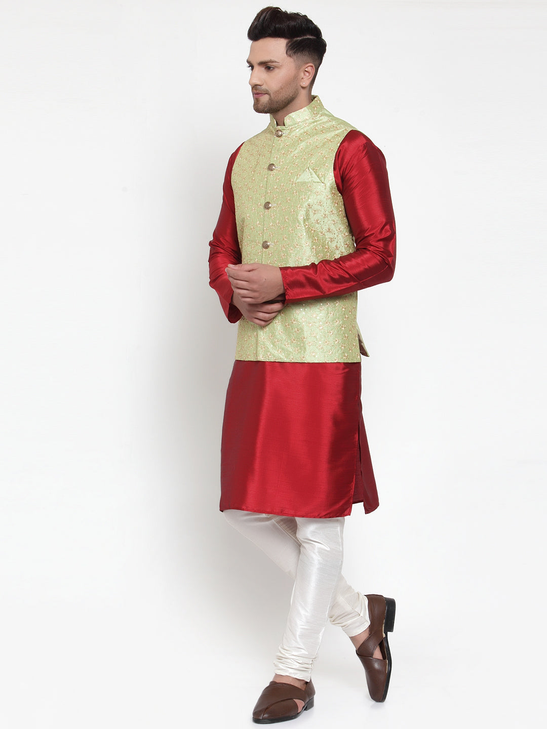 Jompers Men's Solid Dupion Kurta Pajama with Embroidered Nehru Jacket (Green) | Swadesiicart