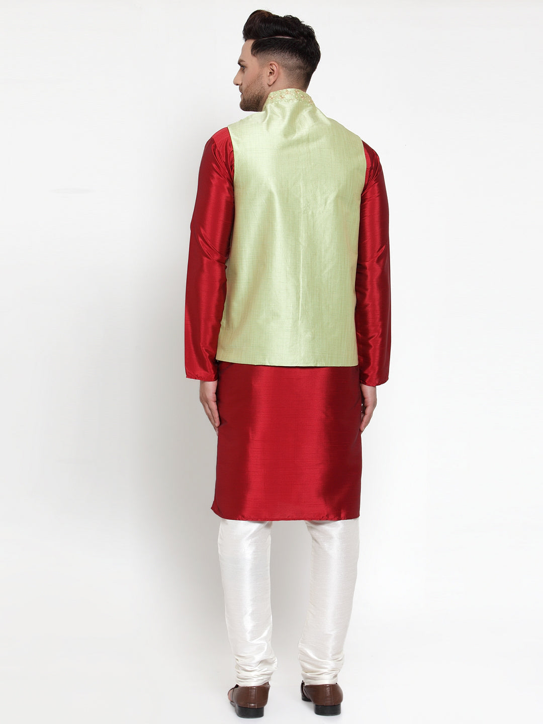 Jompers Men's Solid Dupion Kurta Pajama with Embroidered Nehru Jacket (Green) | Swadesiicart