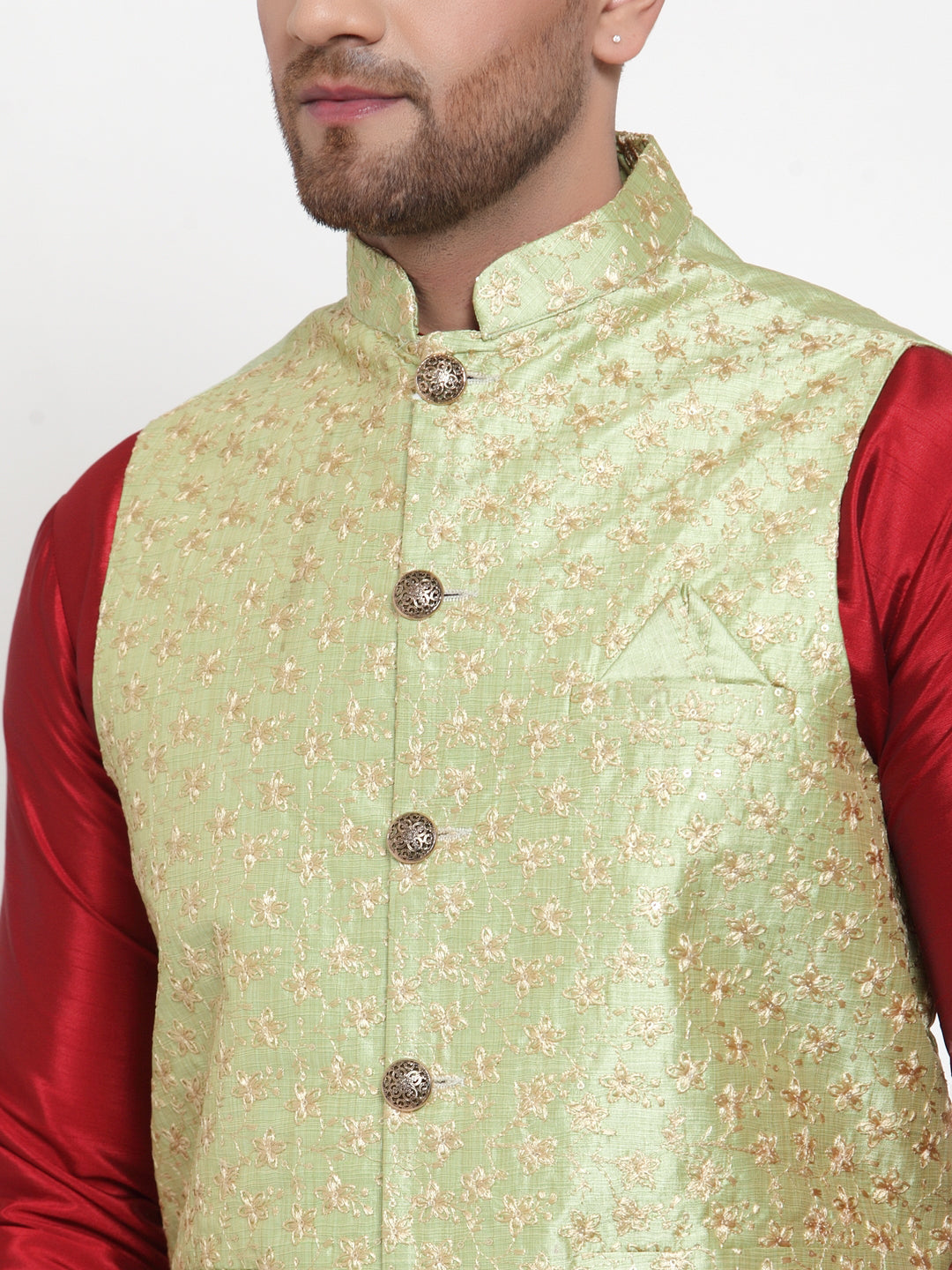 Jompers Men's Solid Dupion Kurta Pajama with Embroidered Nehru Jacket (Green) | Swadesiicart