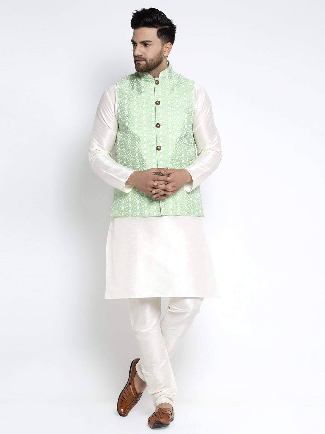 Jompers Men's Solid White Dupion Kurta Payjama with Embroidered Waistcoat (Green) | Swadesiicart