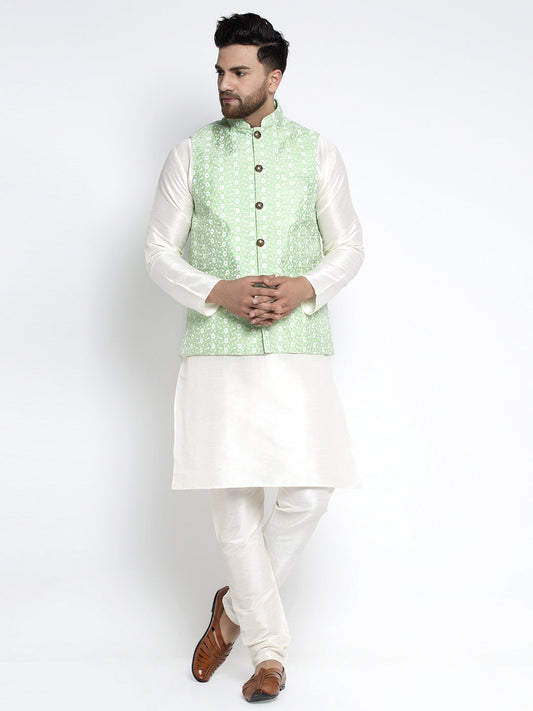 Jompers Men's Solid White Dupion Kurta Payjama with Embroidered Waistcoat (Green) | Swadesiicart