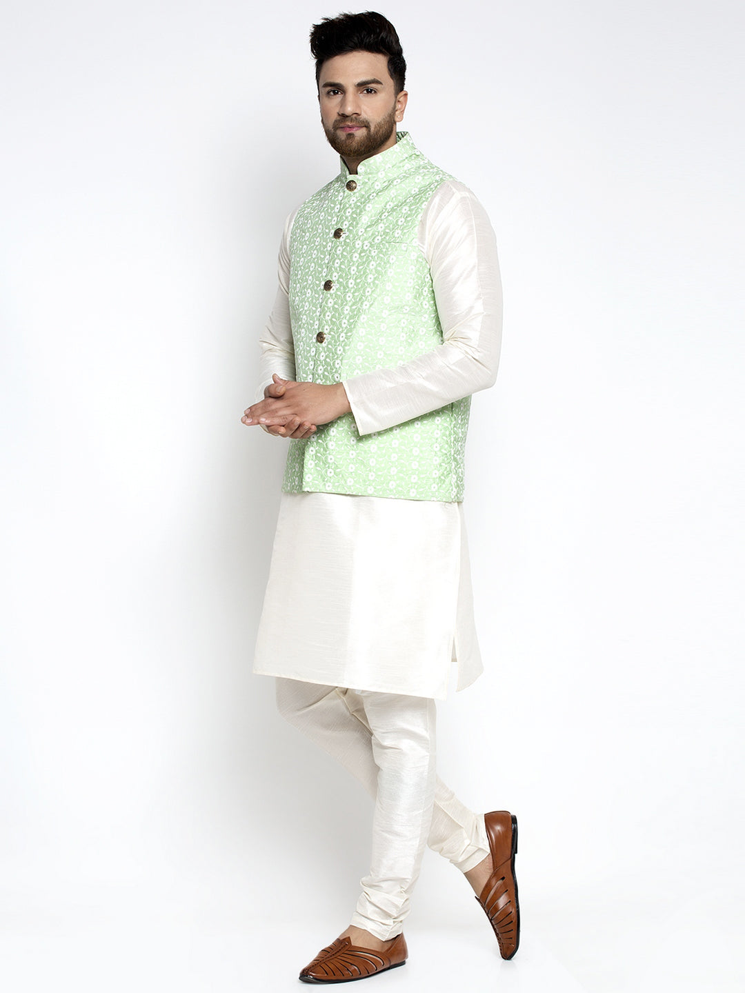 Jompers Men's Solid White Dupion Kurta Payjama with Embroidered Waistcoat (Green) | Swadesiicart