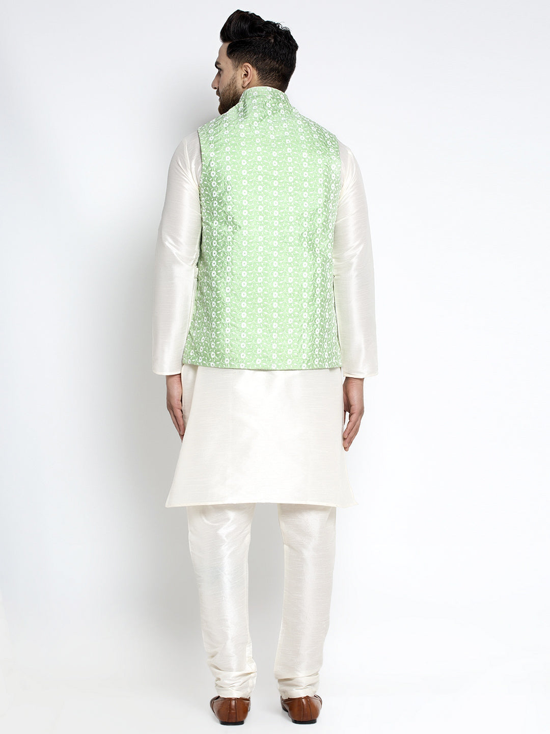 Jompers Men's Solid White Dupion Kurta Payjama with Embroidered Waistcoat (Green) | Swadesiicart