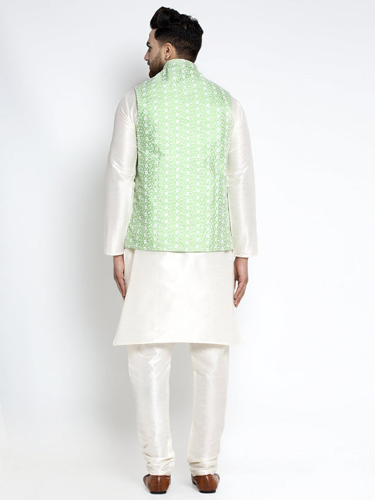 Jompers Men's Solid White Dupion Kurta Payjama with Embroidered Waistcoat (Green) | Swadesiicart
