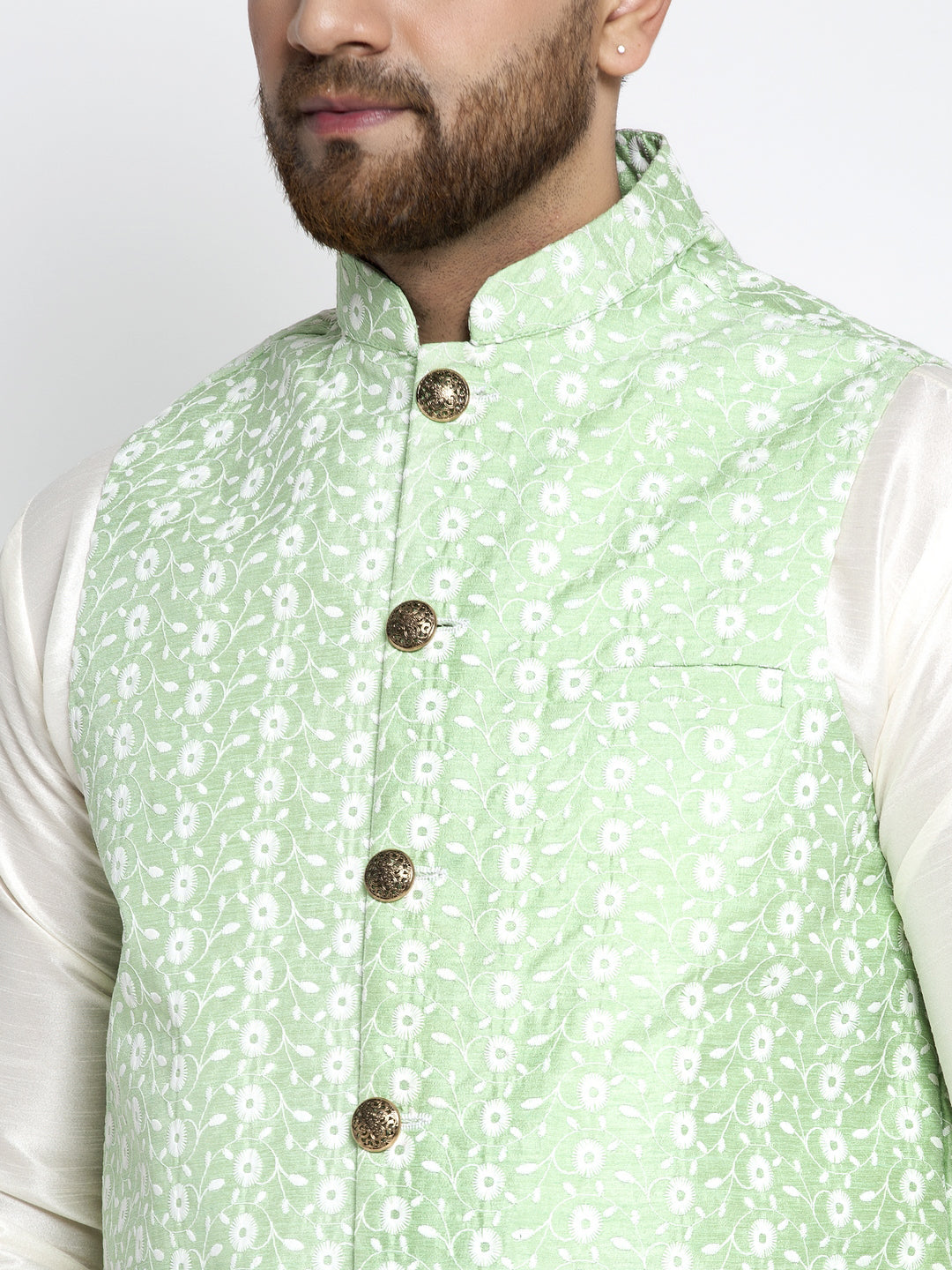 Jompers Men's Solid White Dupion Kurta Payjama with Embroidered Waistcoat (Green) | Swadesiicart