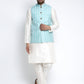 Jompers Men's Solid White Dupion Kurta Payjama with Embroidered Waistcoat (Sky) | Swadesiicart