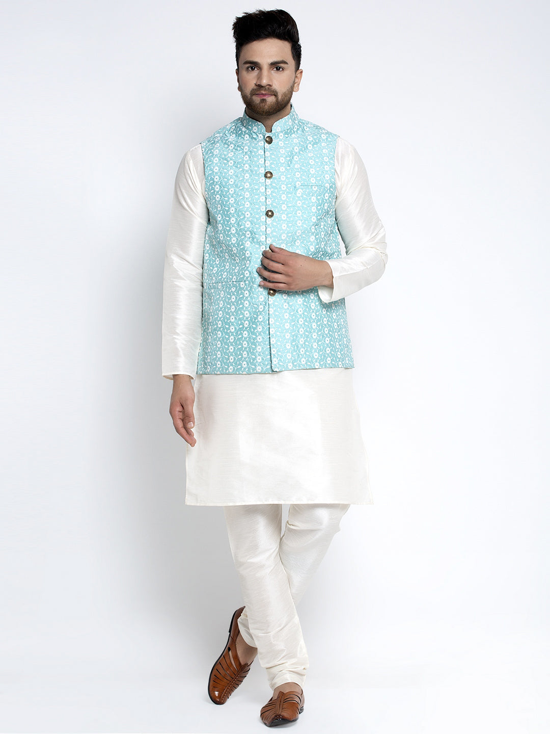 Jompers Men's Solid White Dupion Kurta Payjama with Embroidered Waistcoat (Sky) | Swadesiicart