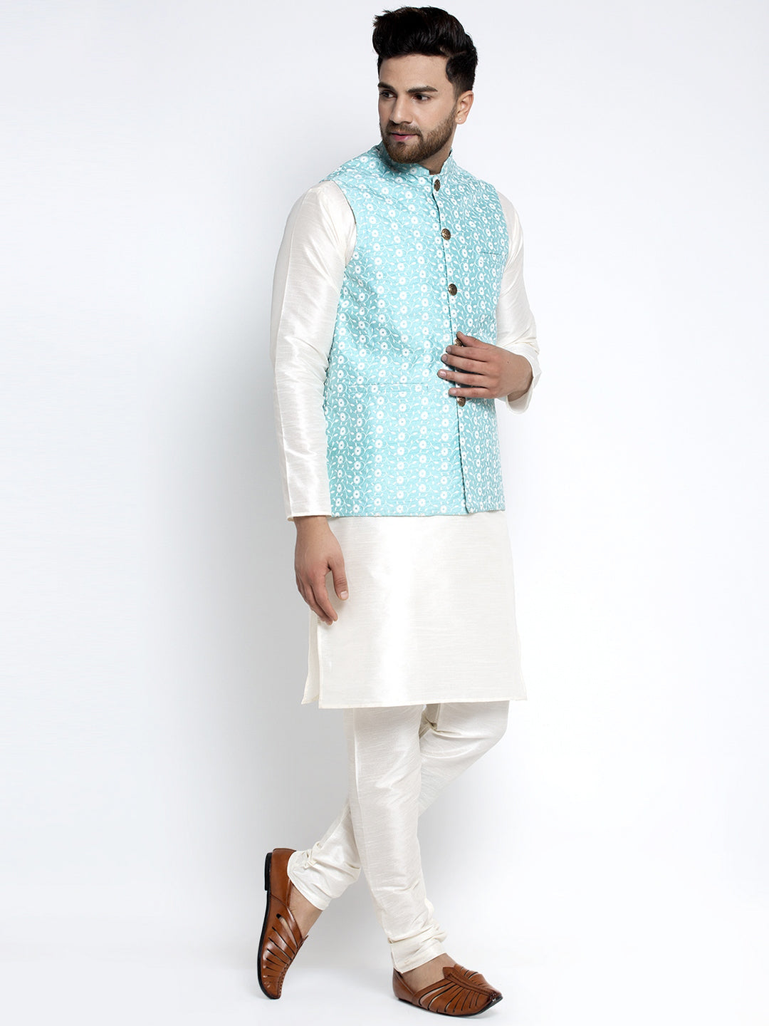 Jompers Men's Solid White Dupion Kurta Payjama with Embroidered Waistcoat (Sky) | Swadesiicart