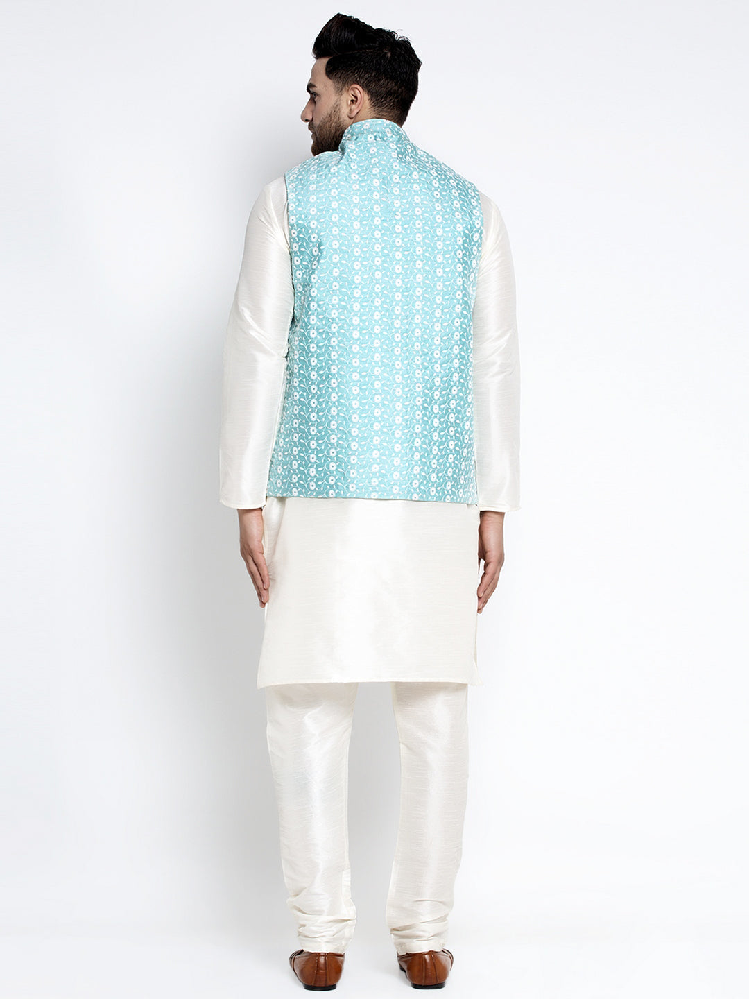 Jompers Men's Solid White Dupion Kurta Payjama with Embroidered Waistcoat (Sky) | Swadesiicart