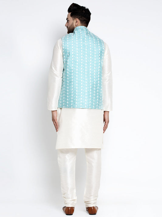 Jompers Men's Solid White Dupion Kurta Payjama with Embroidered Waistcoat (Sky) | Swadesiicart
