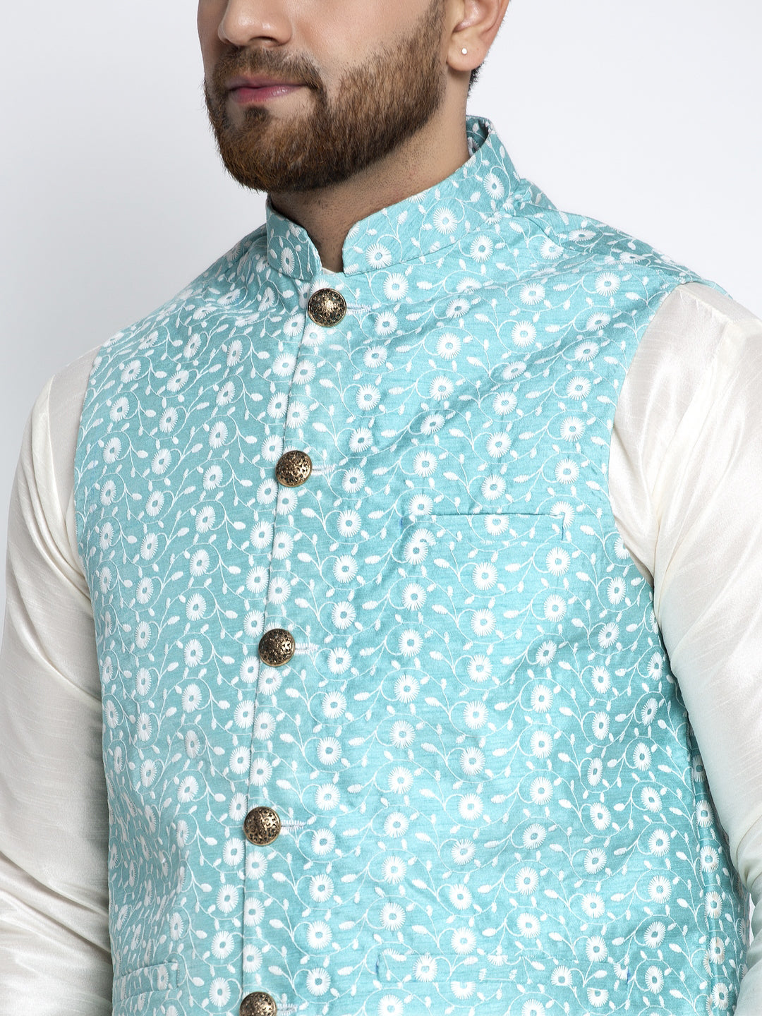 Jompers Men's Solid White Dupion Kurta Payjama with Embroidered Waistcoat (Sky) | Swadesiicart