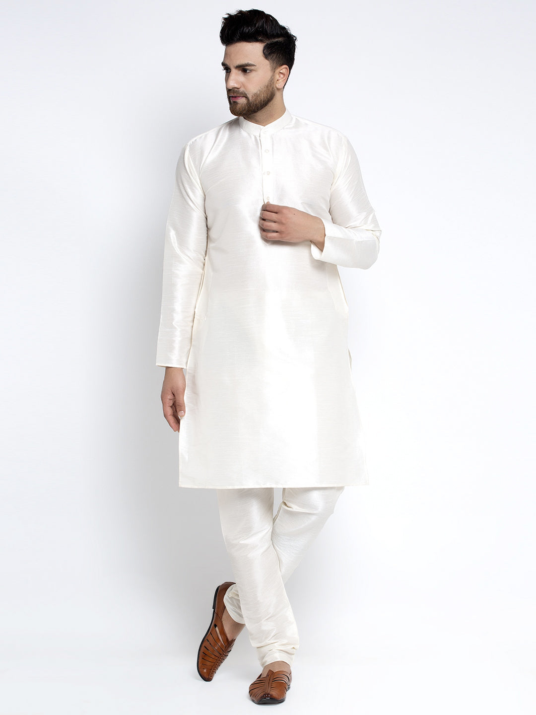Jompers Men's Solid White Dupion Kurta Payjama with Embroidered Waistcoat (Sky) | Swadesiicart