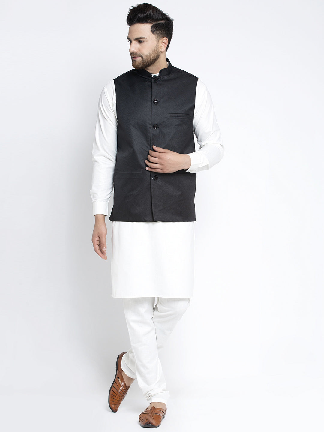 Jompers Men's Solid White Cotton Kurta Payjama with Solid Black Waistcoat | Swadesiicart
