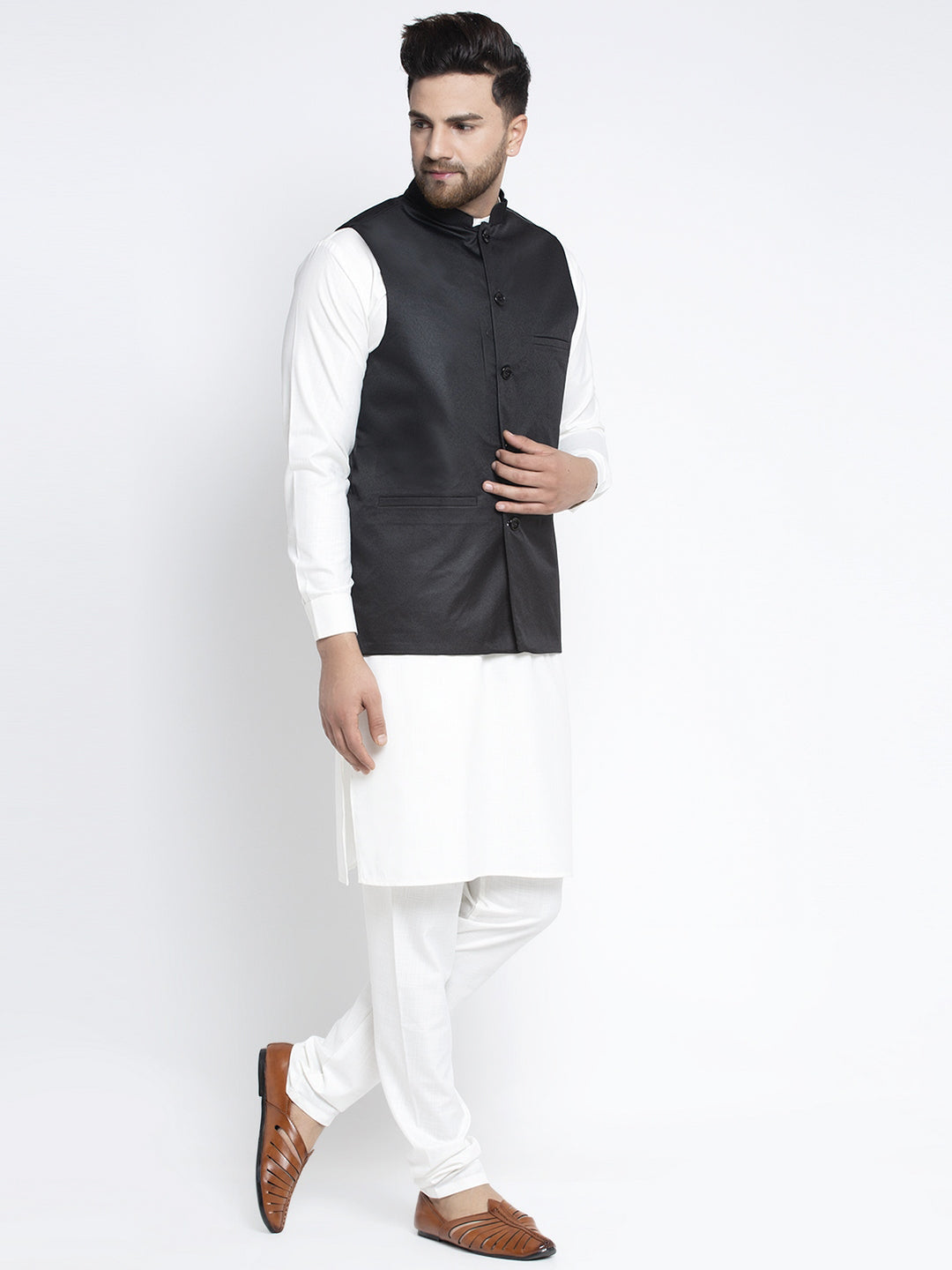 Jompers Men's Solid White Cotton Kurta Payjama with Solid Black Waistcoat | Swadesiicart