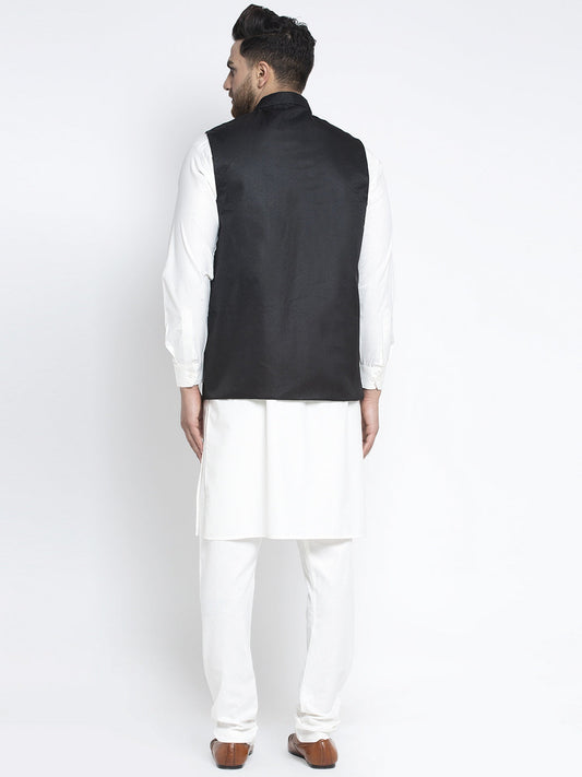 Jompers Men's Solid White Cotton Kurta Payjama with Solid Black Waistcoat | Swadesiicart