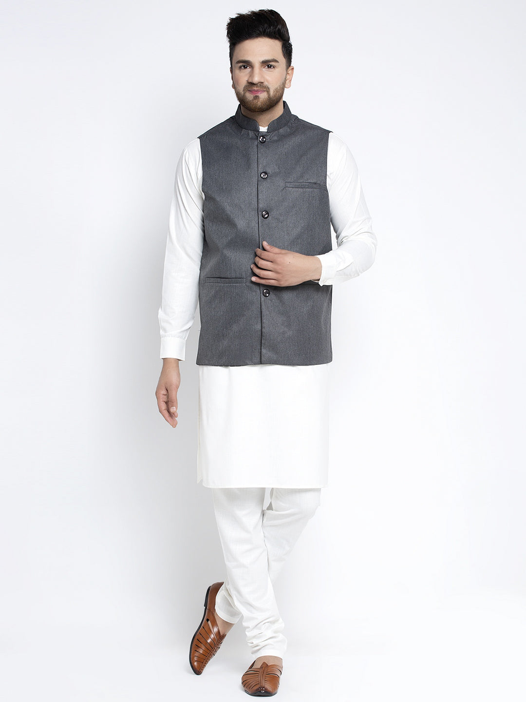 Jompers Men's Solid White Cotton Kurta Payjama with Solid Charcoal Waistcoat | Swadesiicart