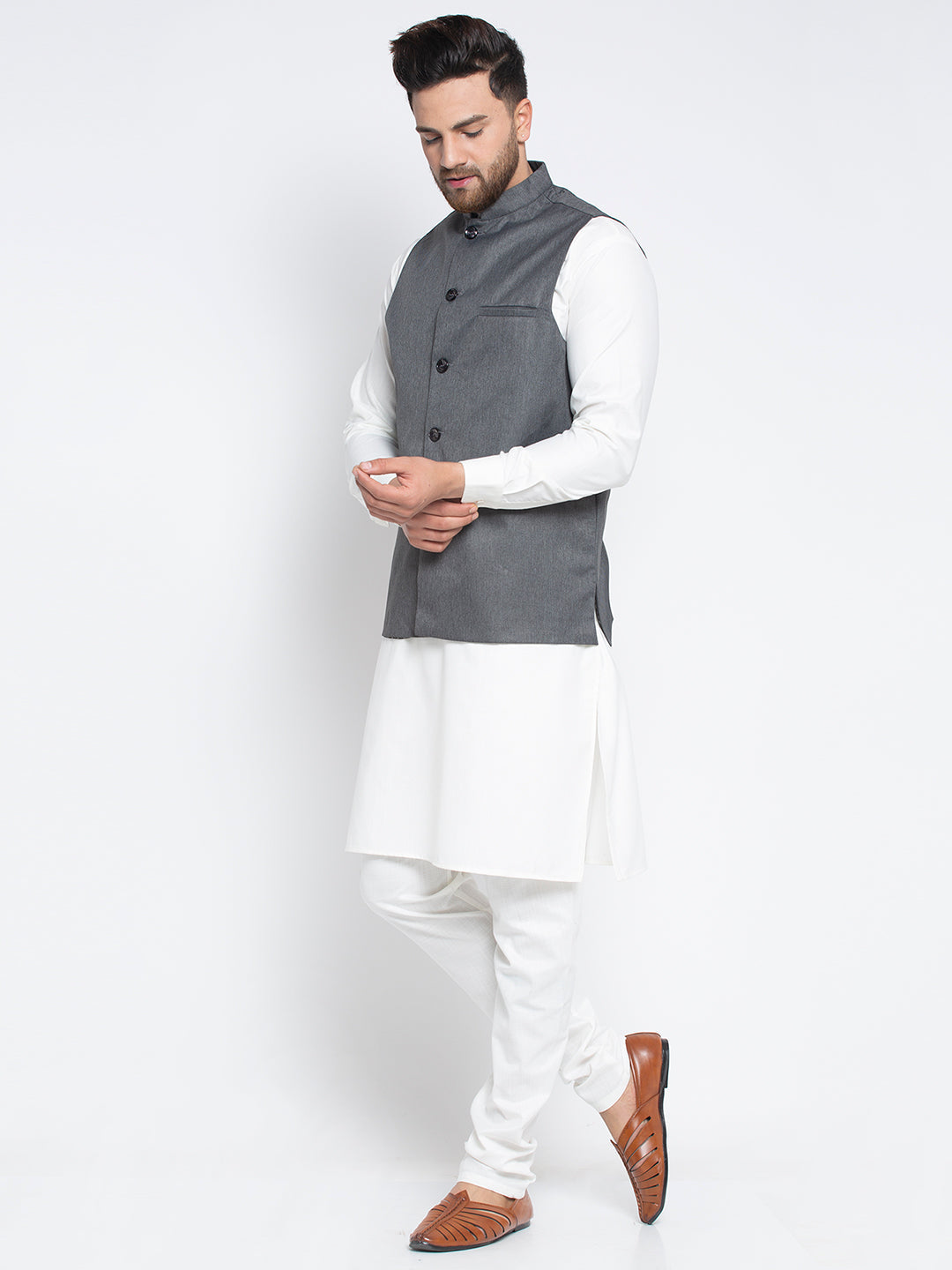 Jompers Men's Solid White Cotton Kurta Payjama with Solid Charcoal Waistcoat | Swadesiicart