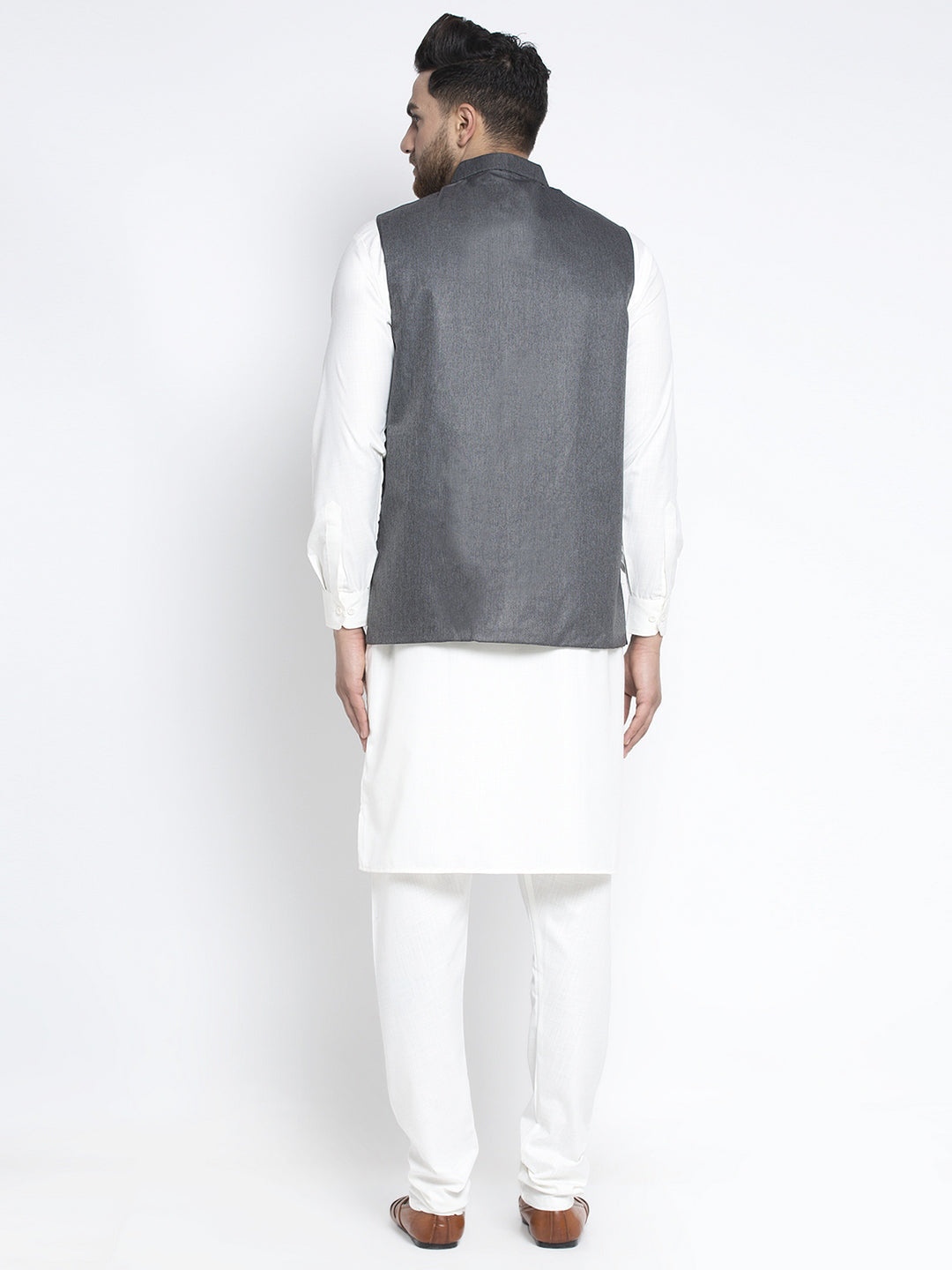 Jompers Men's Solid White Cotton Kurta Payjama with Solid Charcoal Waistcoat | Swadesiicart