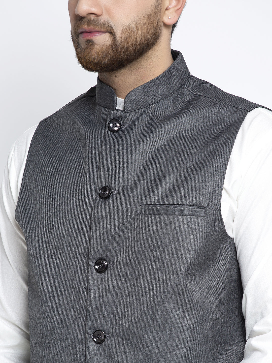 Jompers Men's Solid White Cotton Kurta Payjama with Solid Charcoal Waistcoat | Swadesiicart