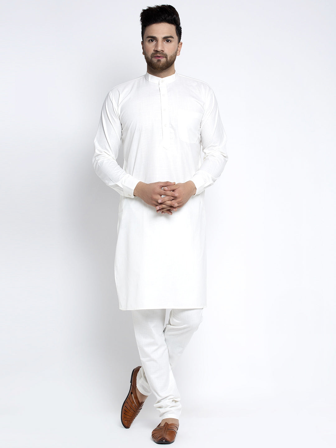 Jompers Men's Solid White Cotton Kurta Payjama with Solid Charcoal Waistcoat | Swadesiicart