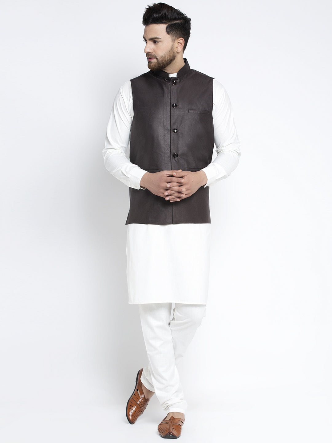 Jompers Men's Solid White Cotton Kurta Payjama with Solid Coffee Waistcoat(Coffee) | Swadesiicart