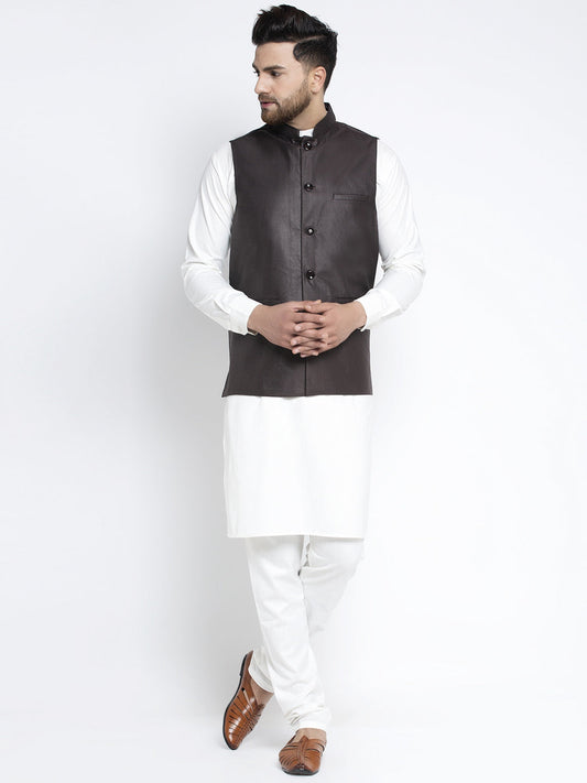 Jompers Men's Solid White Cotton Kurta Payjama with Solid Coffee Waistcoat(Coffee) | Swadesiicart