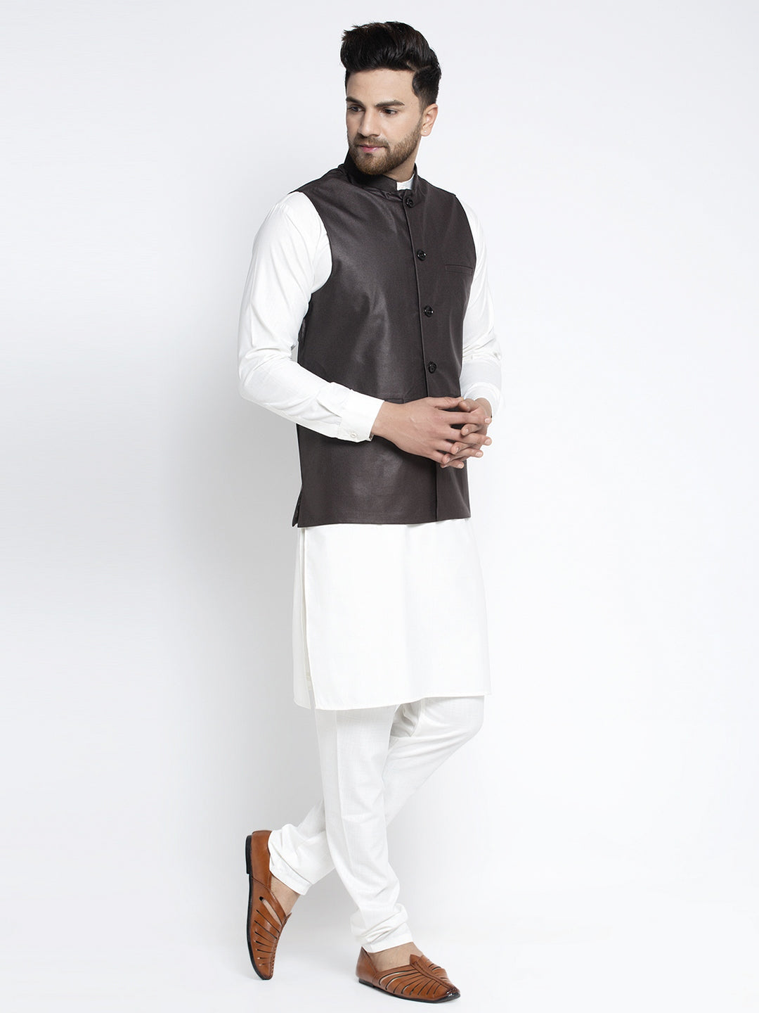 Jompers Men's Solid White Cotton Kurta Payjama with Solid Coffee Waistcoat(Coffee) | Swadesiicart