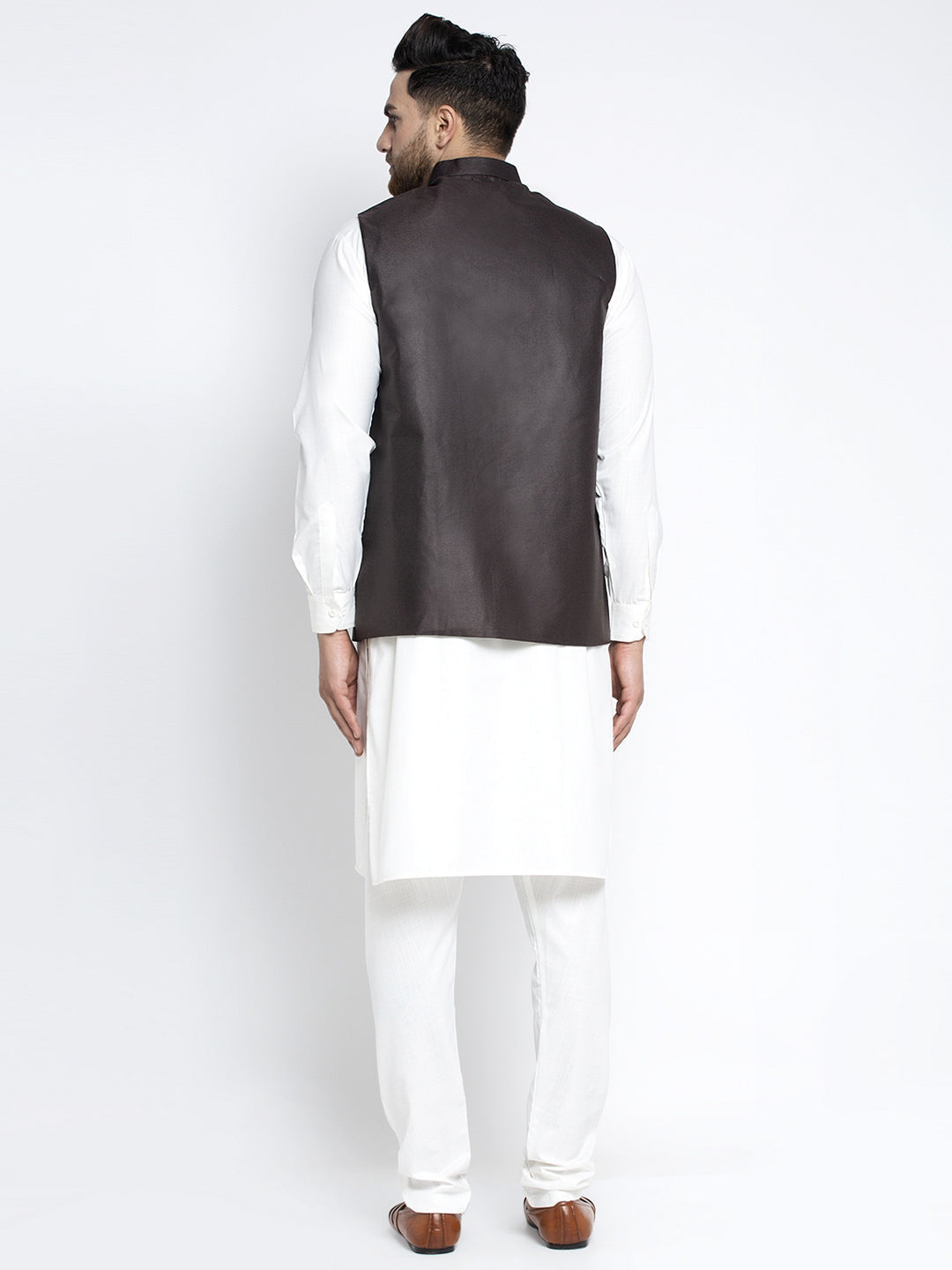 Jompers Men's Solid White Cotton Kurta Payjama with Solid Coffee Waistcoat(Coffee) | Swadesiicart
