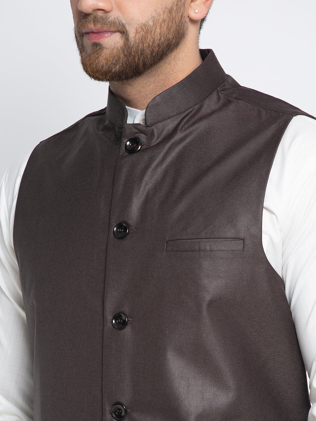 Jompers Men's Solid White Cotton Kurta Payjama with Solid Coffee Waistcoat(Coffee) | Swadesiicart