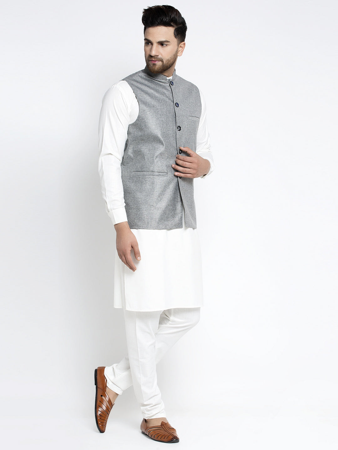 Jompers Men's Solid White Cotton Kurta Payjama with Solid Grey Waistcoat (Grey) | Swadesiicart