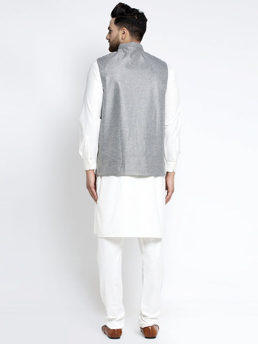 Jompers Men's Solid White Cotton Kurta Payjama with Solid Grey Waistcoat (Grey) | Swadesiicart