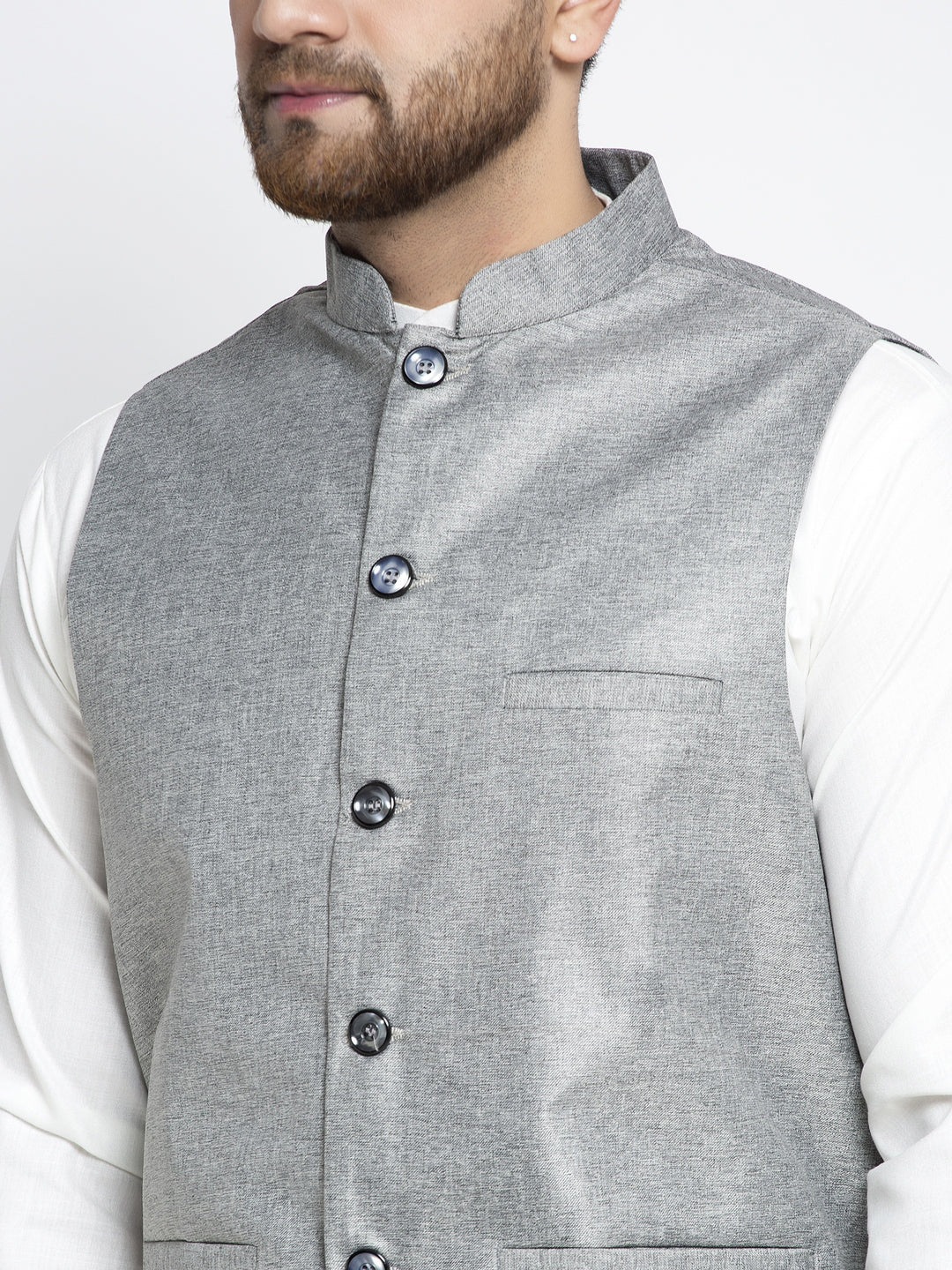 Jompers Men's Solid White Cotton Kurta Payjama with Solid Grey Waistcoat (Grey) | Swadesiicart
