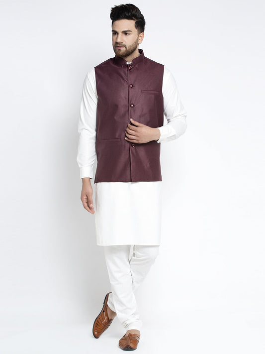 Jompers Men's Solid White Cotton Kurta Payjama with Solid Maroon Waistcoat(Maroon) | Swadesiicart