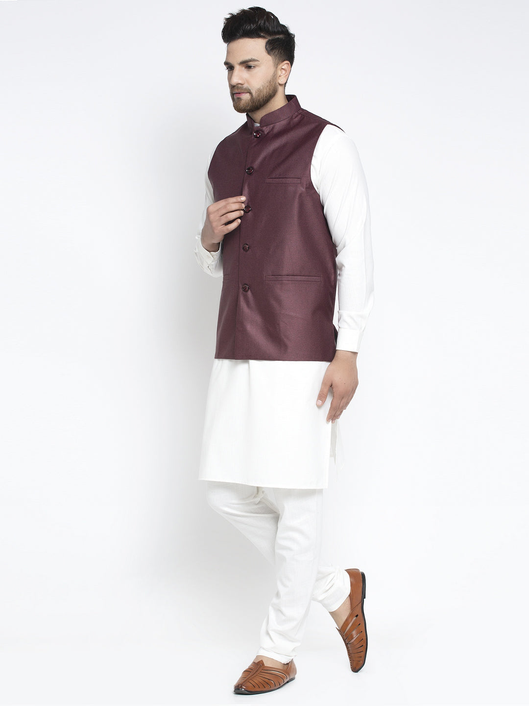 Jompers Men's Solid White Cotton Kurta Payjama with Solid Maroon Waistcoat(Maroon) | Swadesiicart