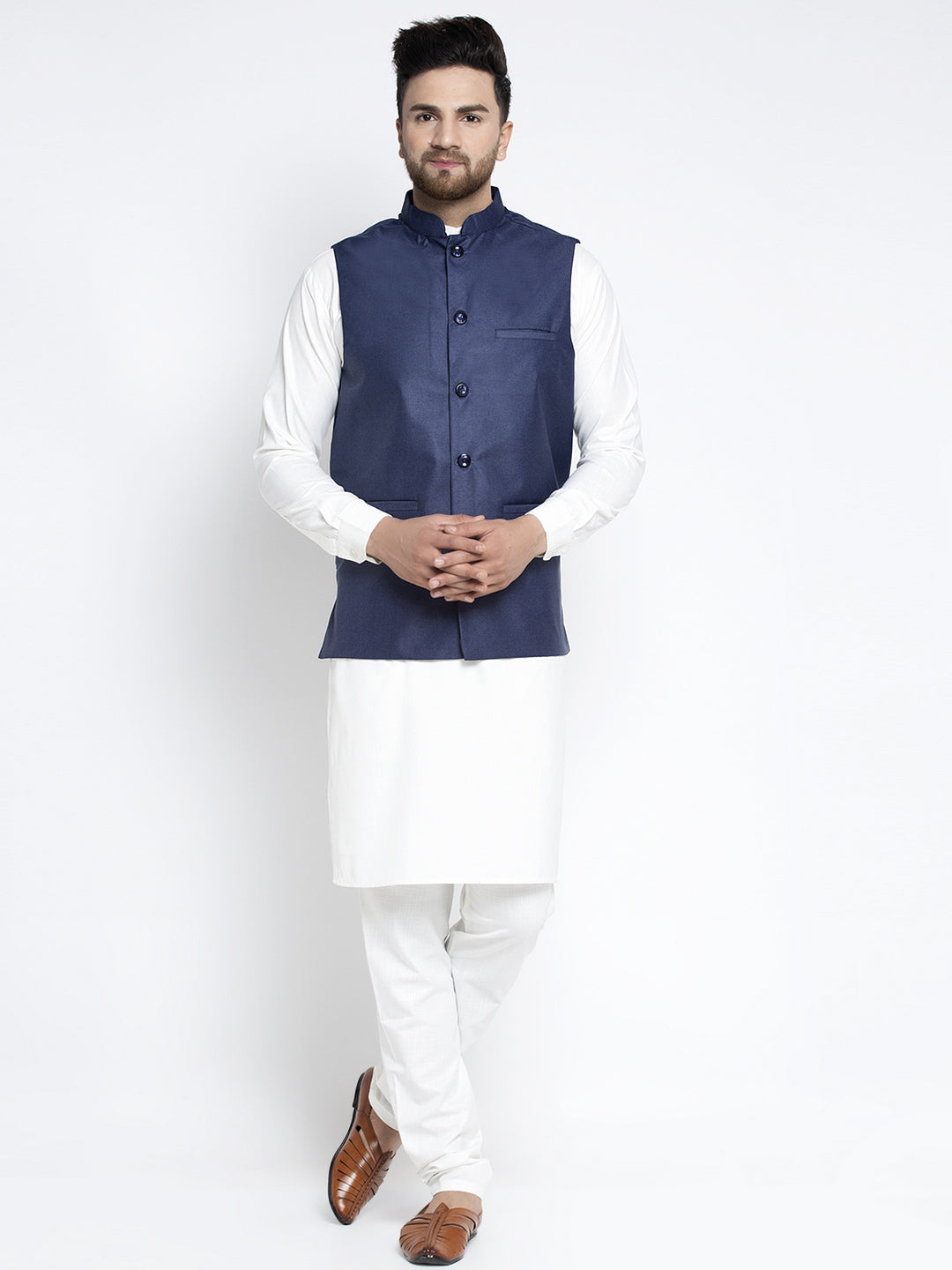 Jompers Men's Solid White Cotton Kurta Payjama with Solid Navy Waistcoat(Navy) | Swadesiicart