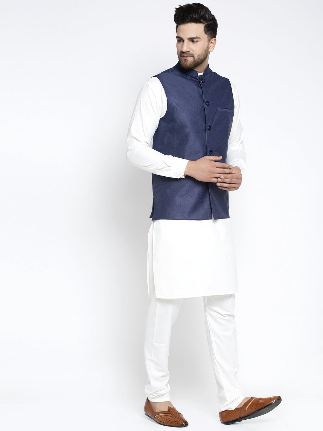 Jompers Men's Solid White Cotton Kurta Payjama with Solid Navy Waistcoat(Navy) | Swadesiicart