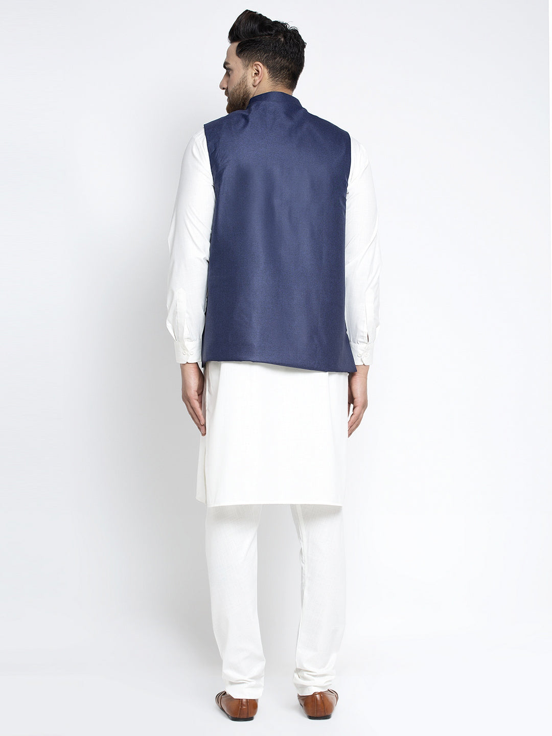Jompers Men's Solid White Cotton Kurta Payjama with Solid Navy Waistcoat(Navy) | Swadesiicart