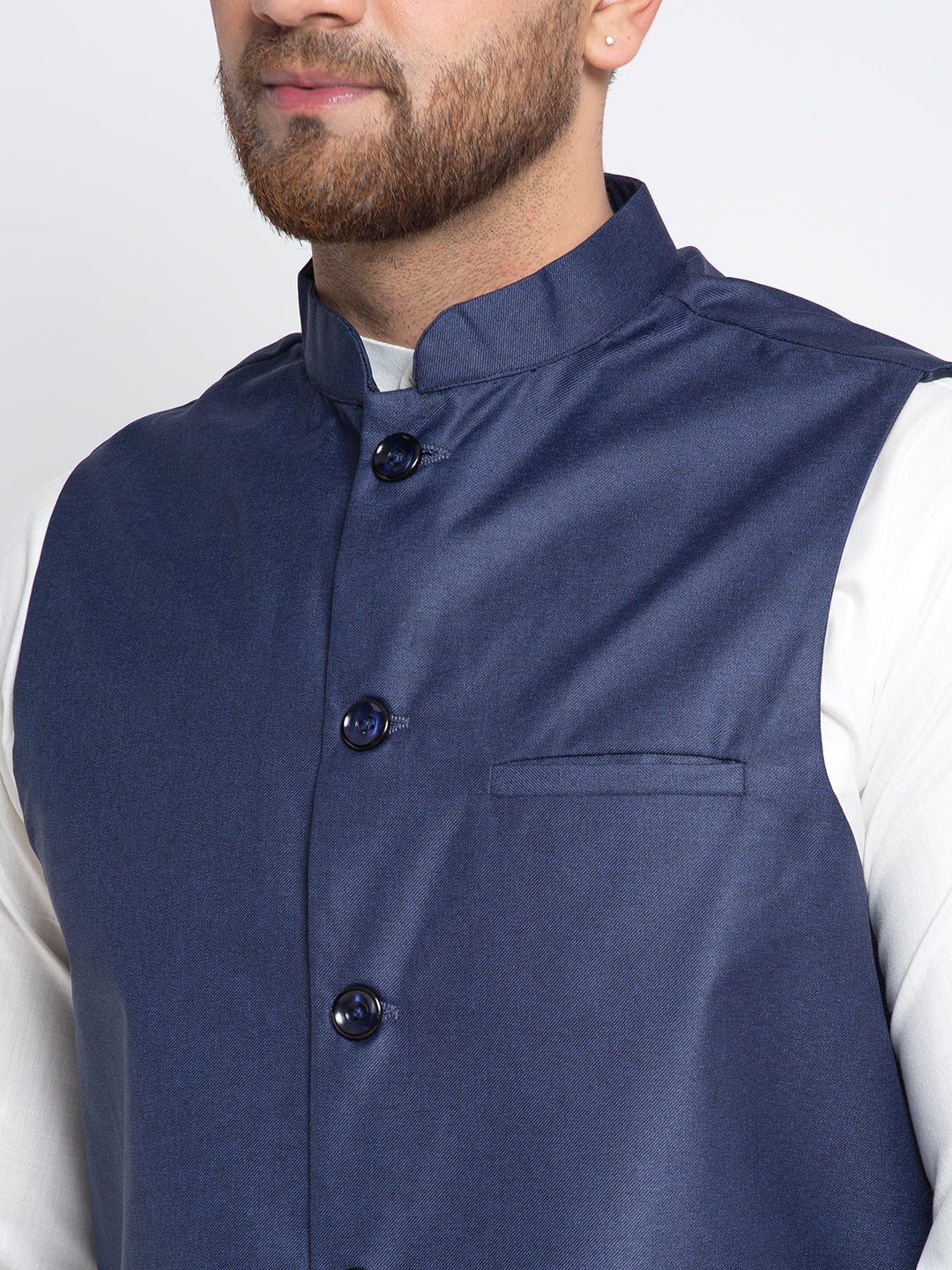 Jompers Men's Solid White Cotton Kurta Payjama with Solid Navy Waistcoat(Navy) | Swadesiicart