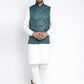 Jompers Men's Solid White Cotton Kurta Payjama with Solid Teal Waistcoat (Teal ) | Swadesiicart