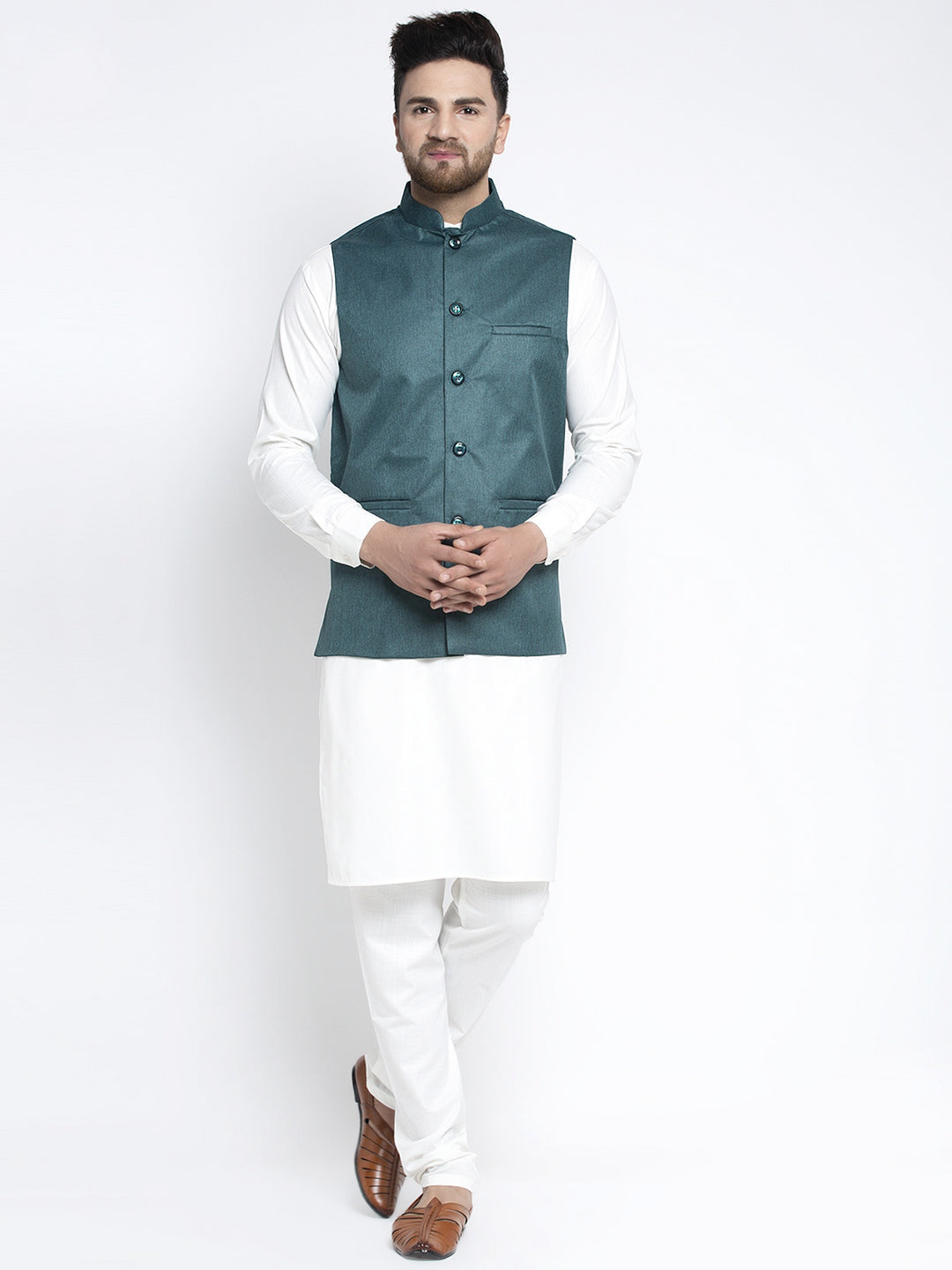 Jompers Men's Solid White Cotton Kurta Payjama with Solid Teal Waistcoat (Teal ) | Swadesiicart